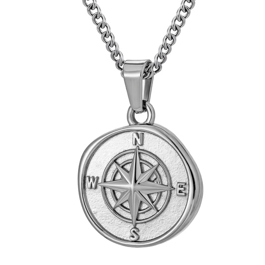 Silver Compass Pendant Necklace Curb Chain N01342