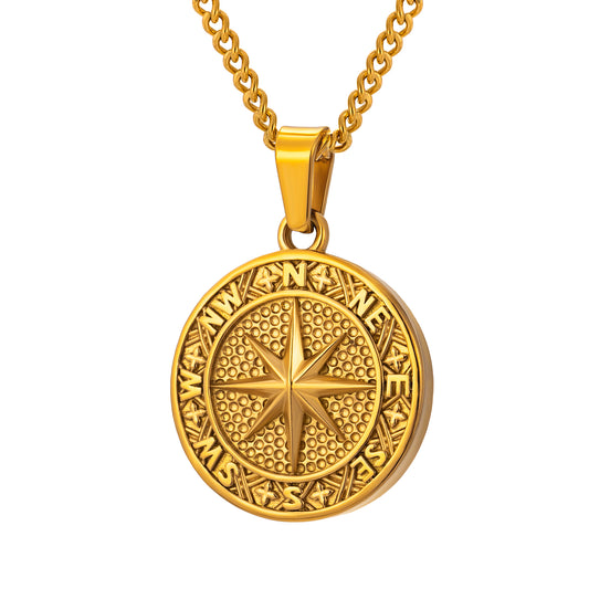 Gold Compass Pendant Necklace Curb Chain N02162