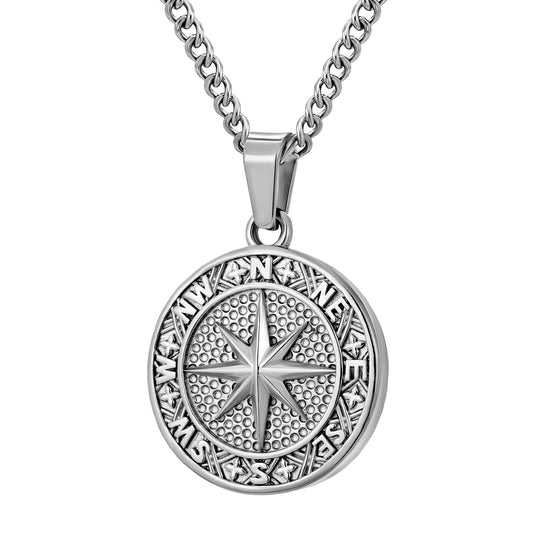 Silver Compass Pendant Necklace Curb Chain N02128