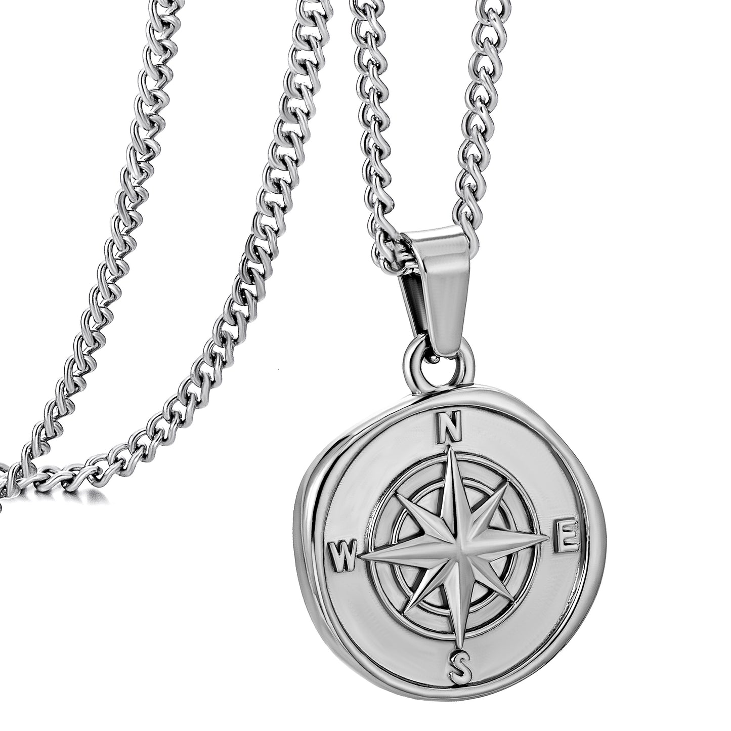 Silver Compass Pendant Necklace Curb Chain N01342