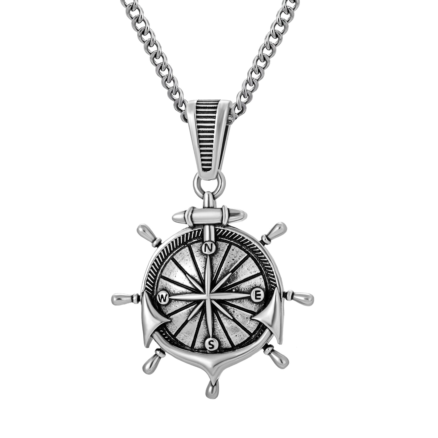 Antique Silver Anchor Compass Pendant Necklace Curb Chain N00579