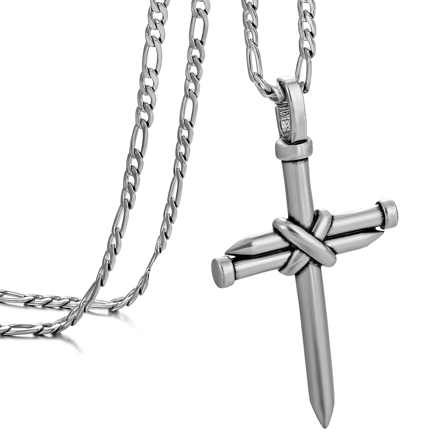 Antique Silver Nail Cross Necklace Figaro Chain N01606