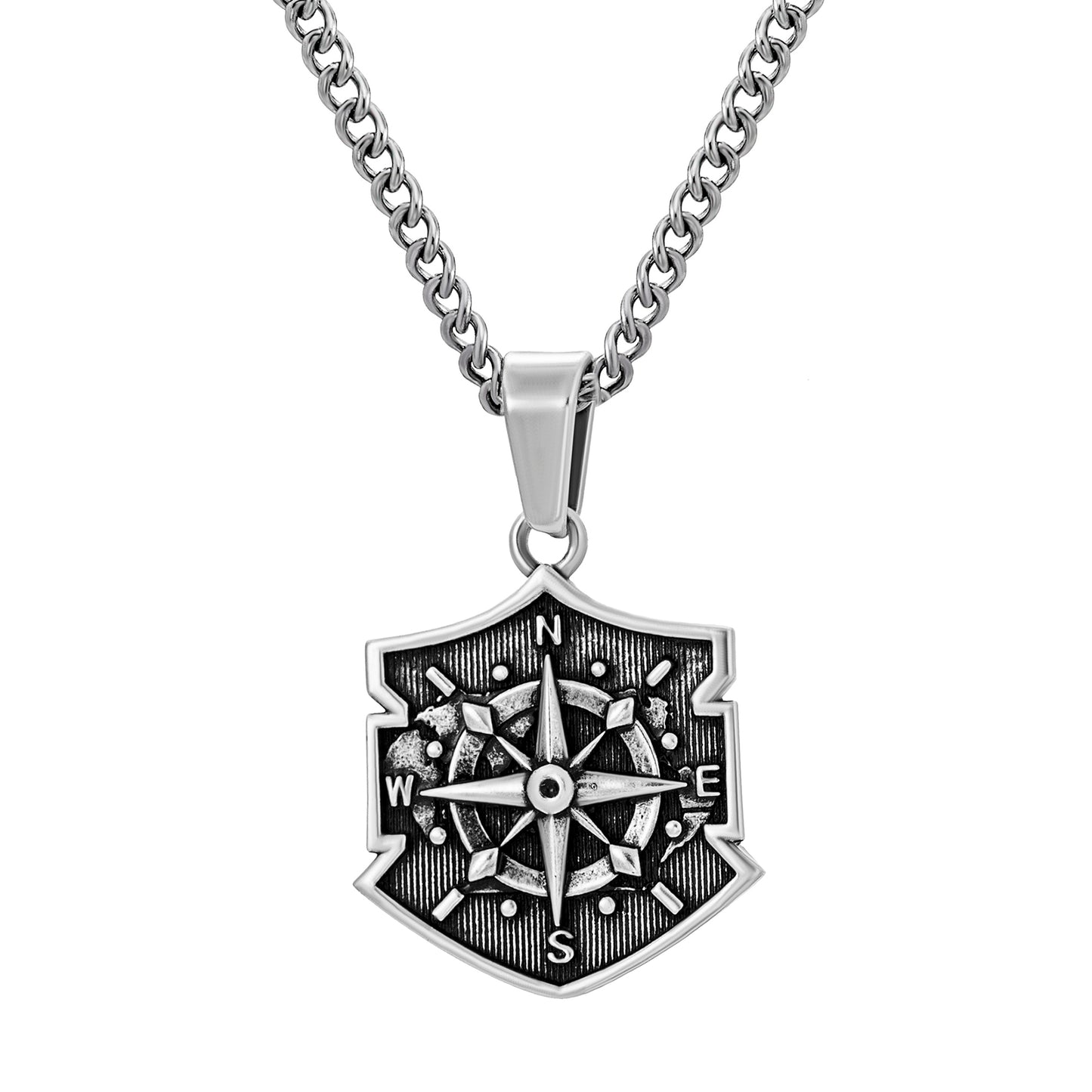 Antique Silver Shield Compass Pendant Necklace Curb Chain N00557