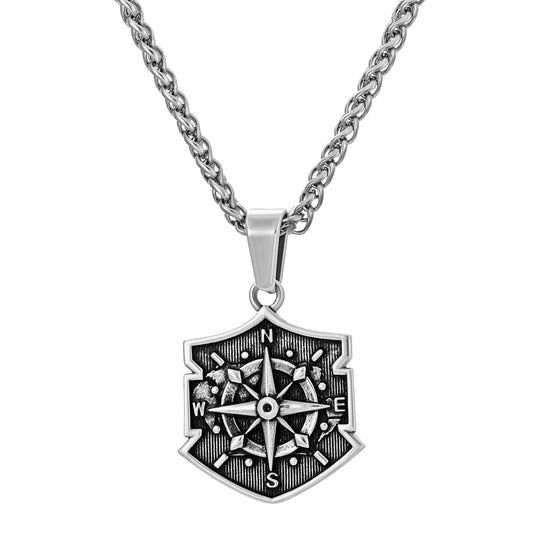 Antique Silver Shield Compass Pendant Necklace Wheat Chain N00561