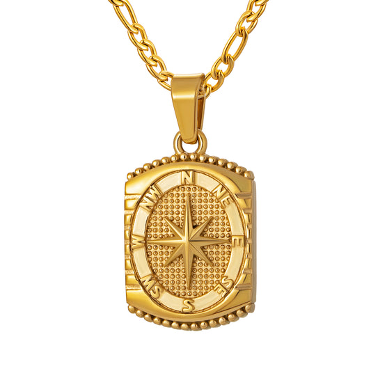 Gold Rectangle Compass Pendant Necklace Figaro Chain N01315