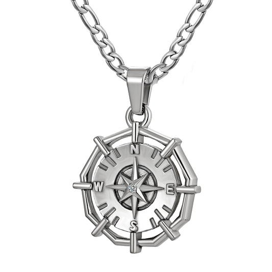 Silver Compass Pendant Necklace Figaro Chain N01866