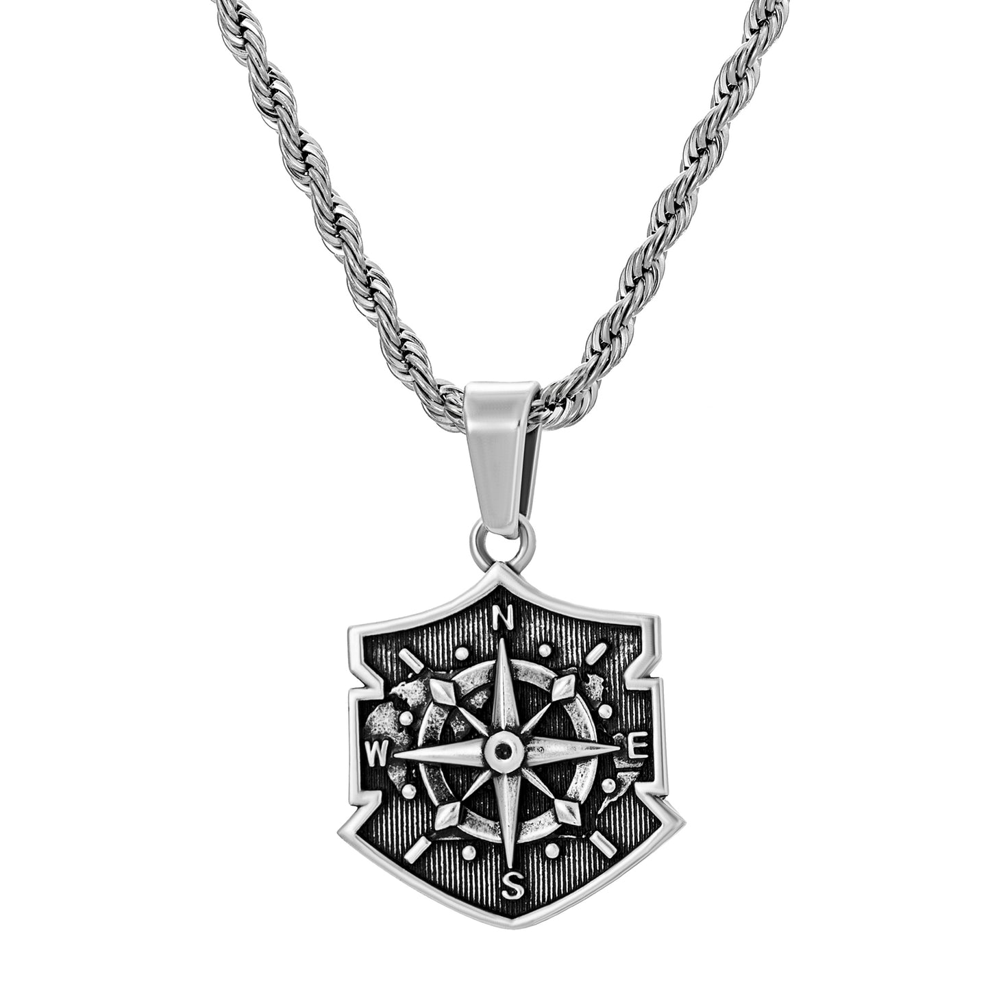 Antique Silver Shield Compass Pendant Necklace Twisted Rope Chain N00560