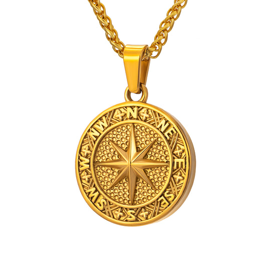 Gold Compass Necklace Wheat Chain N02168