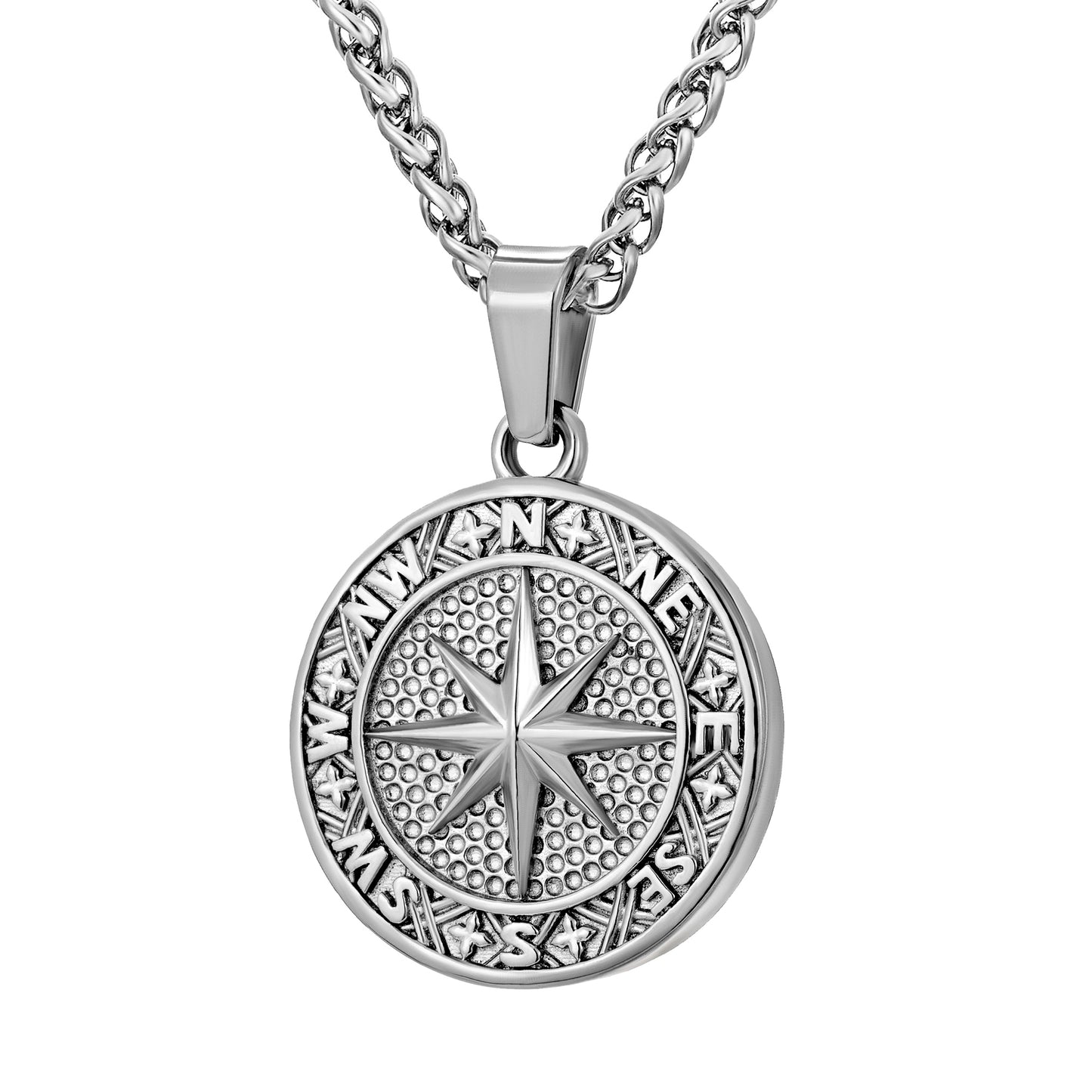 Silver  Compass Pendant Necklace Wheat Chain N02134