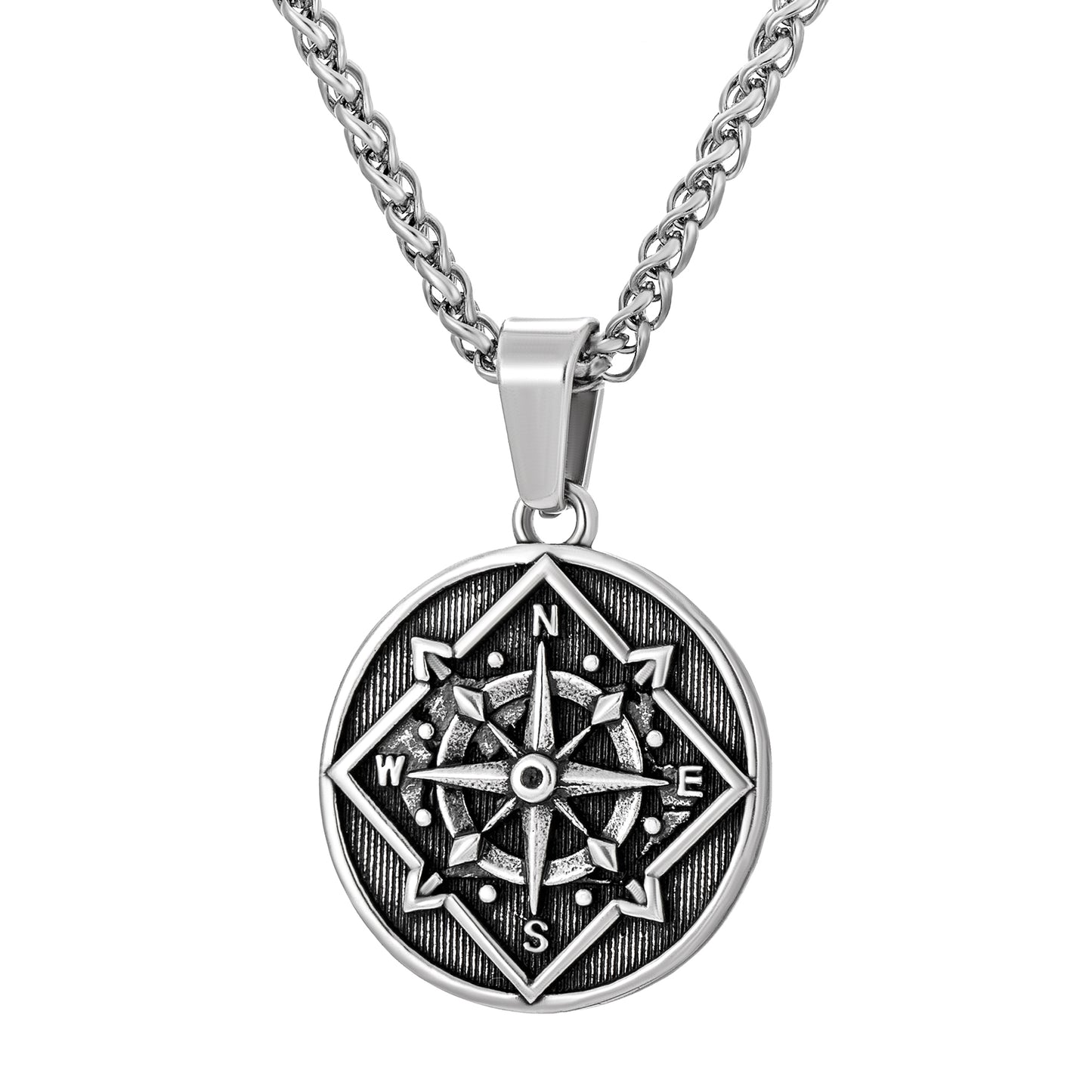 Antique Silver Coin Compass Pendant Necklace Wheat Chain N00539