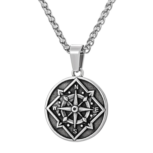 Antique Silver Coin Compass Pendant Necklace Wheat Chain N00539