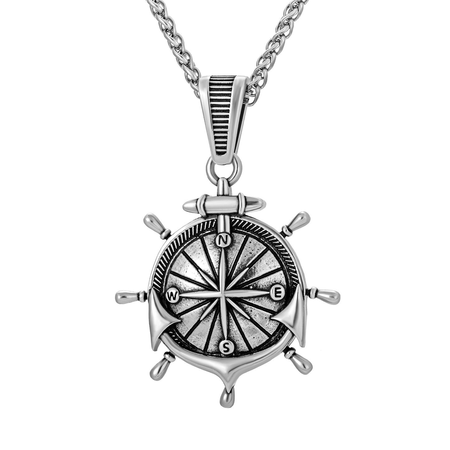 Antique Silver Anchor Compass Pendant Necklace Wheat Chain N00583