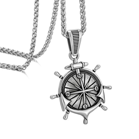 Antique Silver Anchor Compass Pendant Necklace Wheat Chain N00583