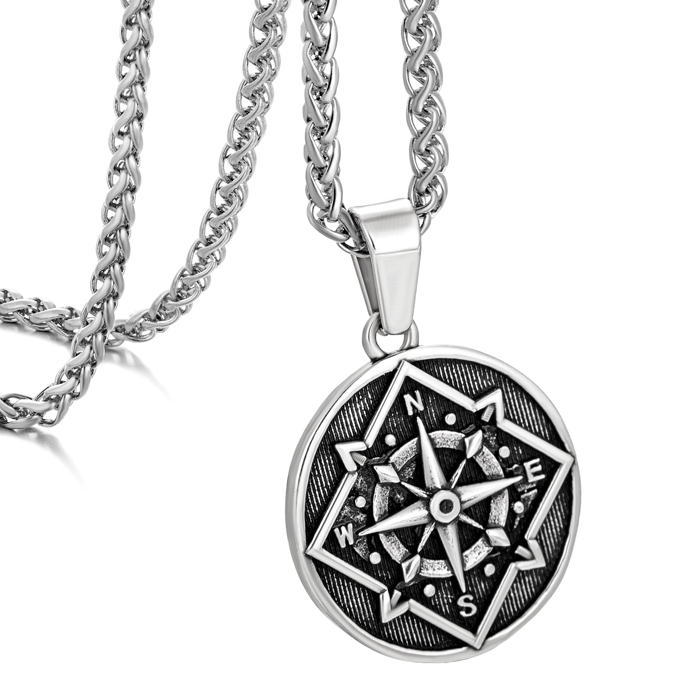 Antique Silver Coin Compass Pendant Necklace Wheat Chain N00539