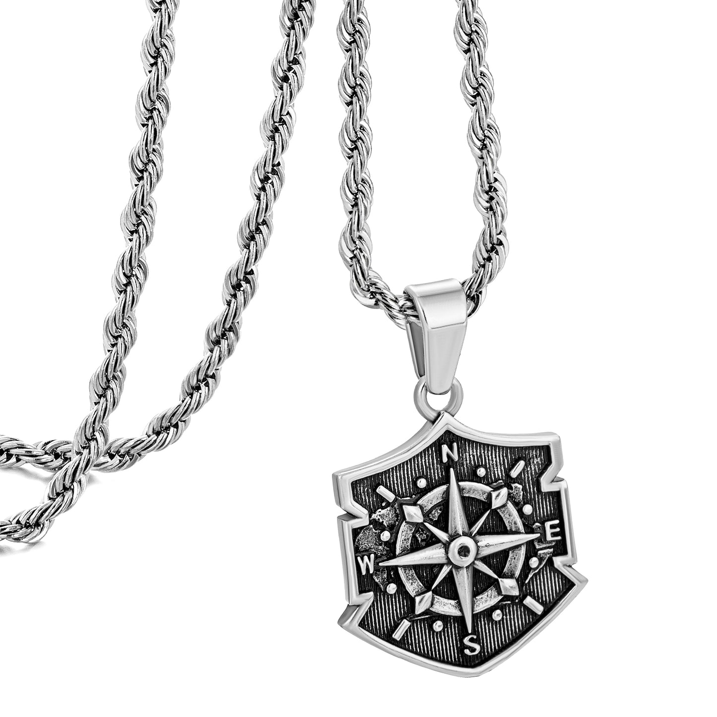 Antique Silver Shield Compass Pendant Necklace Twisted Rope Chain N00560