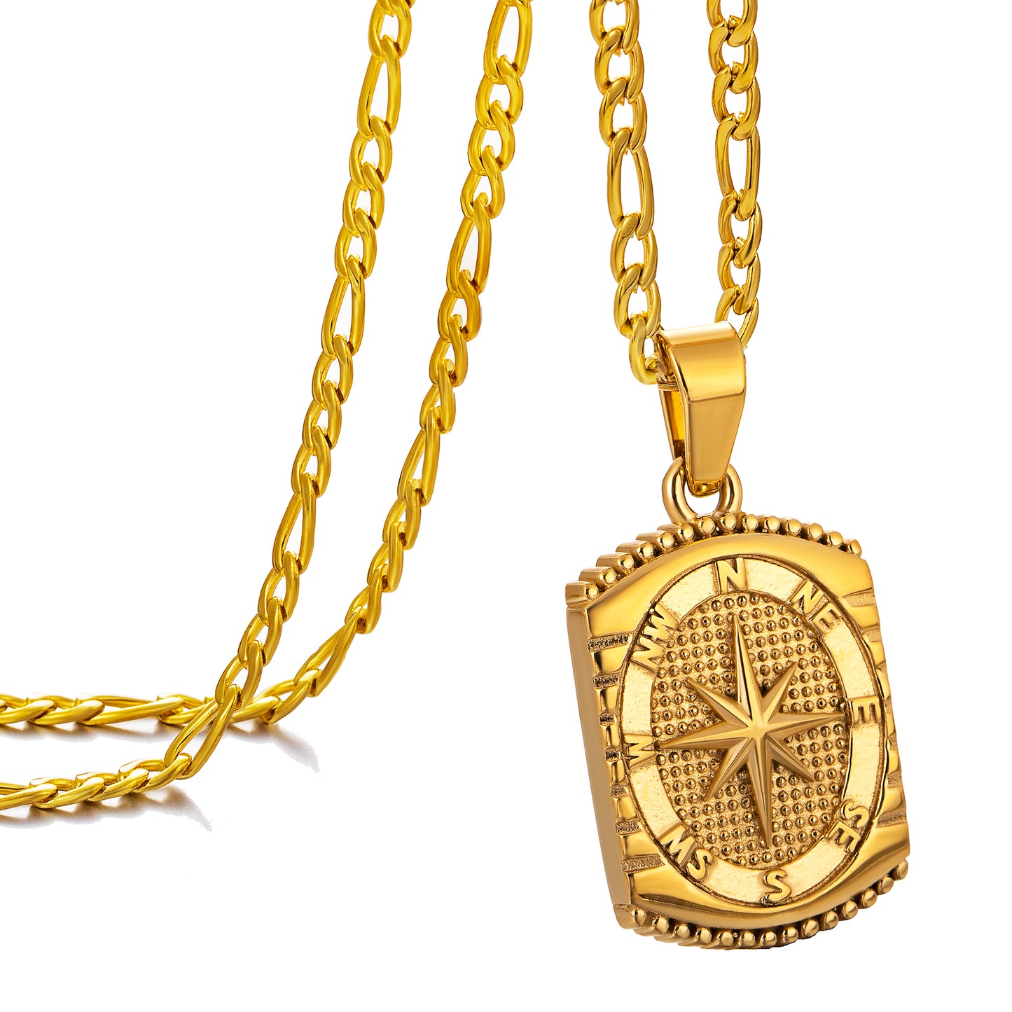 Gold Rectangle Compass Pendant Necklace Figaro Chain N01315