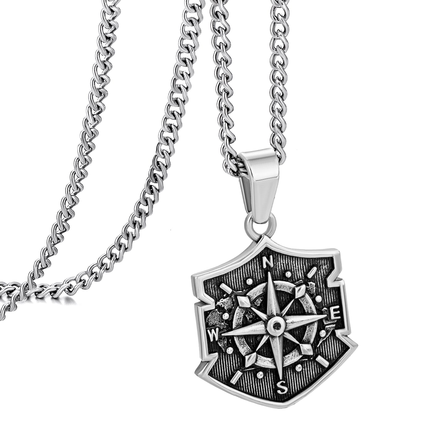 Antique Silver Shield Compass Pendant Necklace Curb Chain N00557