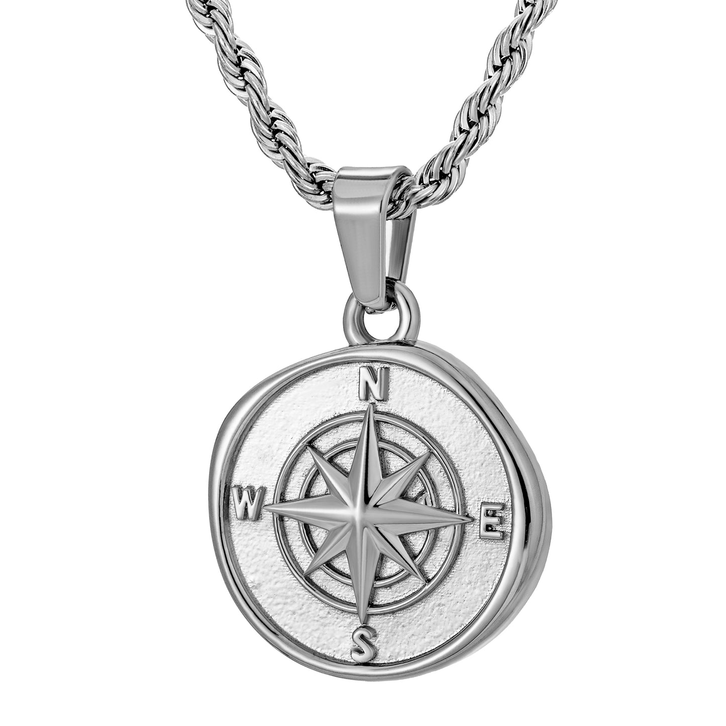 Silver Compass Pendant Necklace Twisted Rope Chain N00648