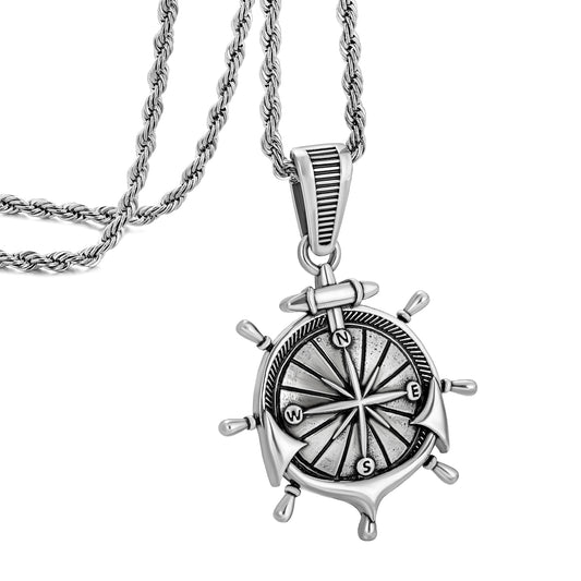 Antique Silver Anchor Compass Pendant Necklace Twisted Rope Chain N00582