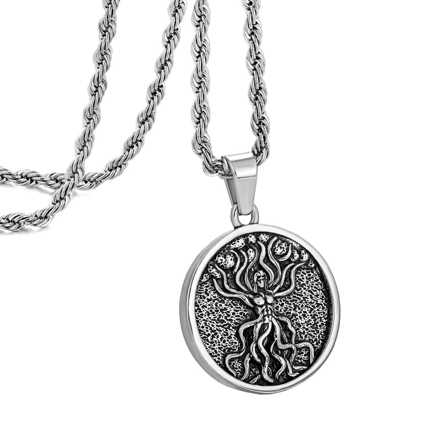 Antique Silver Tree of Life Pendant Necklace Twisted Rope Chain N00604