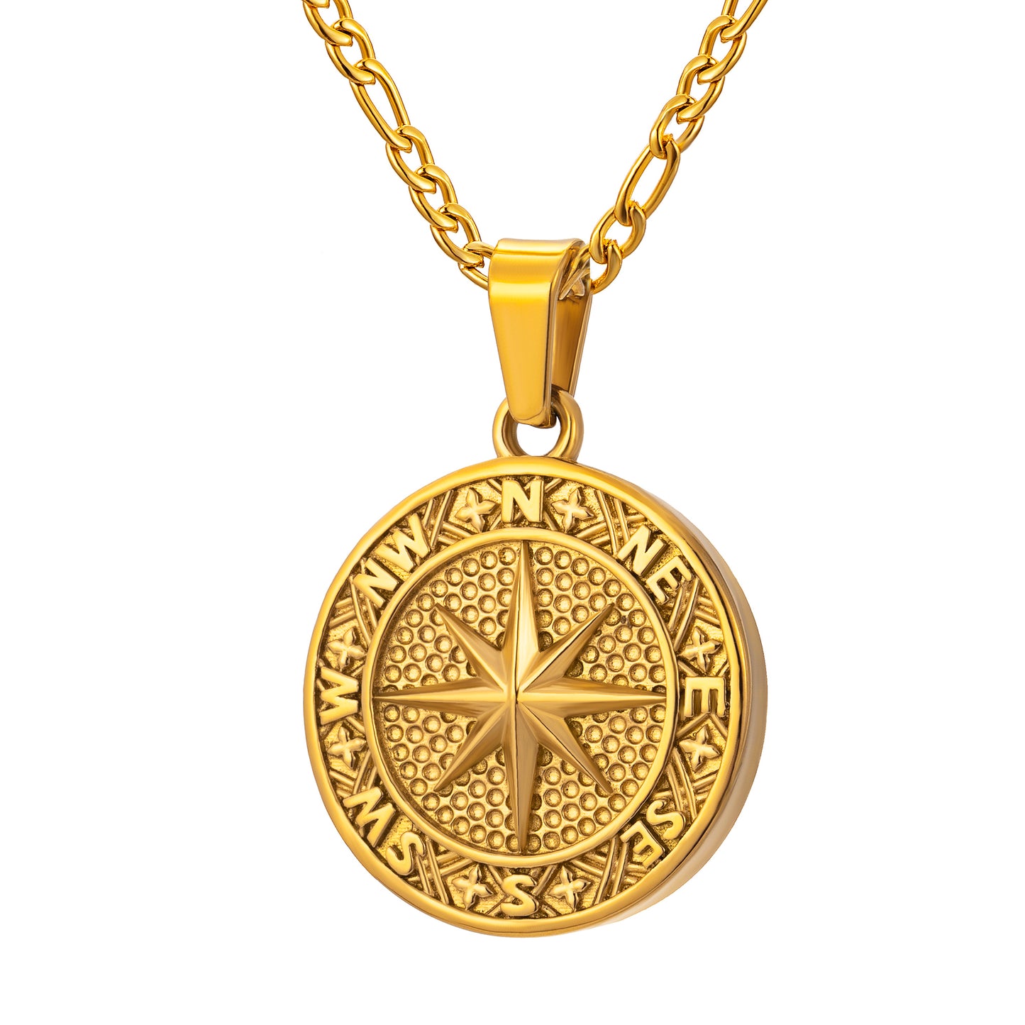 Gold Compass Necklace Figaro Chain N02169