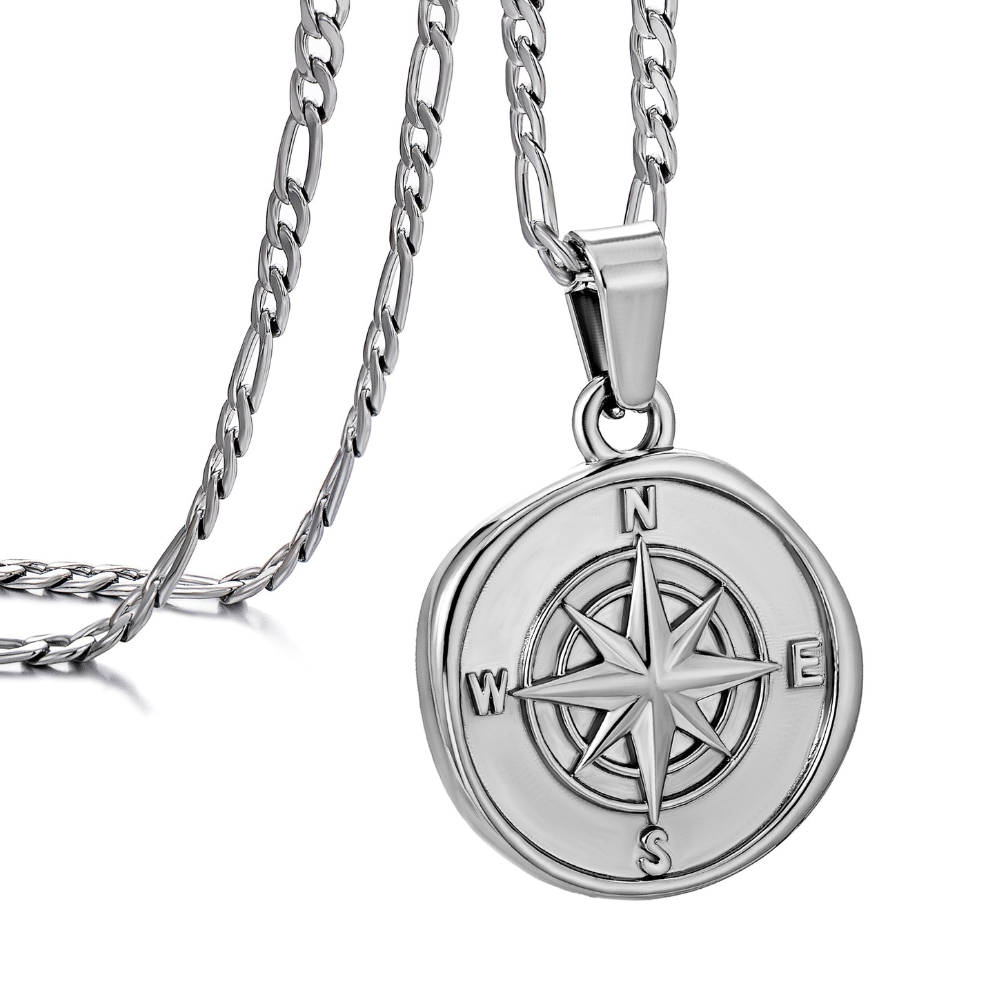 Silver Compass Pendant Necklace Figaro Chain N01344