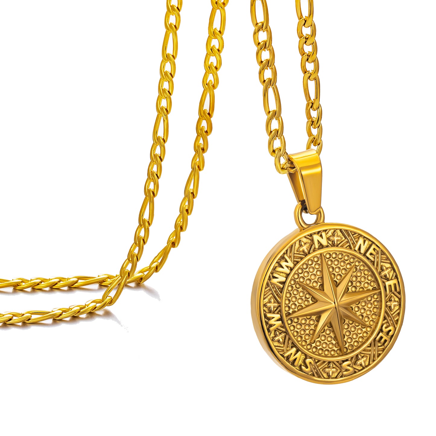 Gold Compass Necklace Figaro Chain N02169