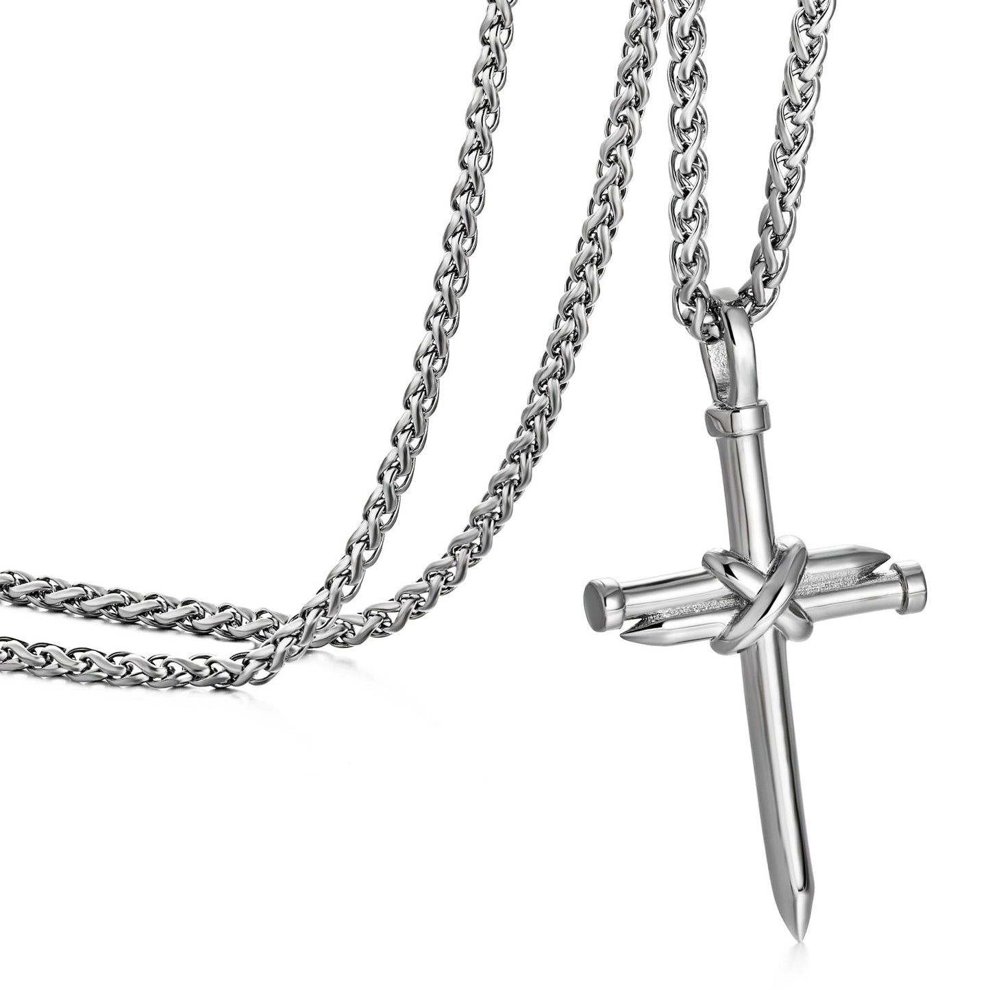 Silver Nail Cross Necklace Wheat Chain N00363