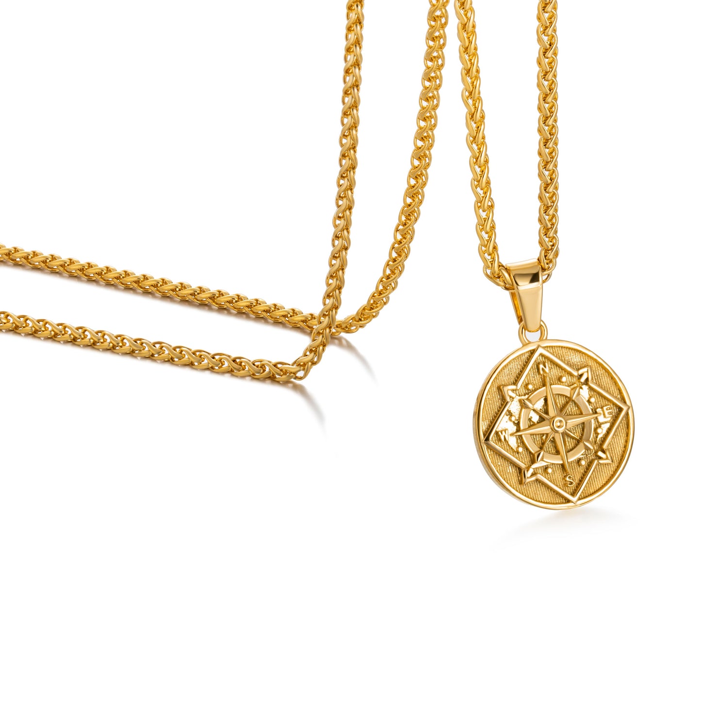 Gold Coin Compass Pendant Necklace Wheat Chain N00383