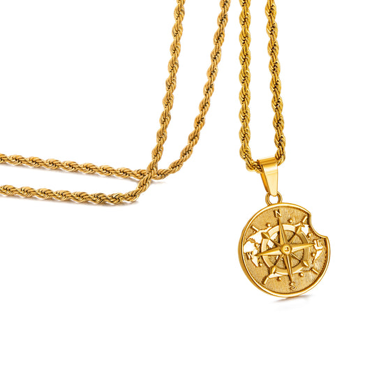 Gold Apple Compass Pendant Necklace Twisted Rope Chain N00390