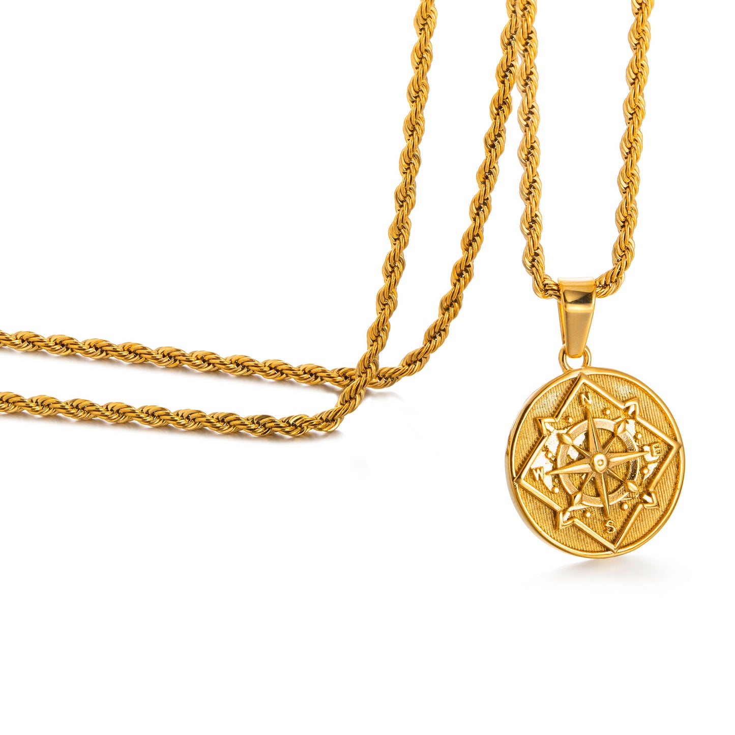 Gold Coin Compass Pendant Necklace Twisted Rope Chain N00382