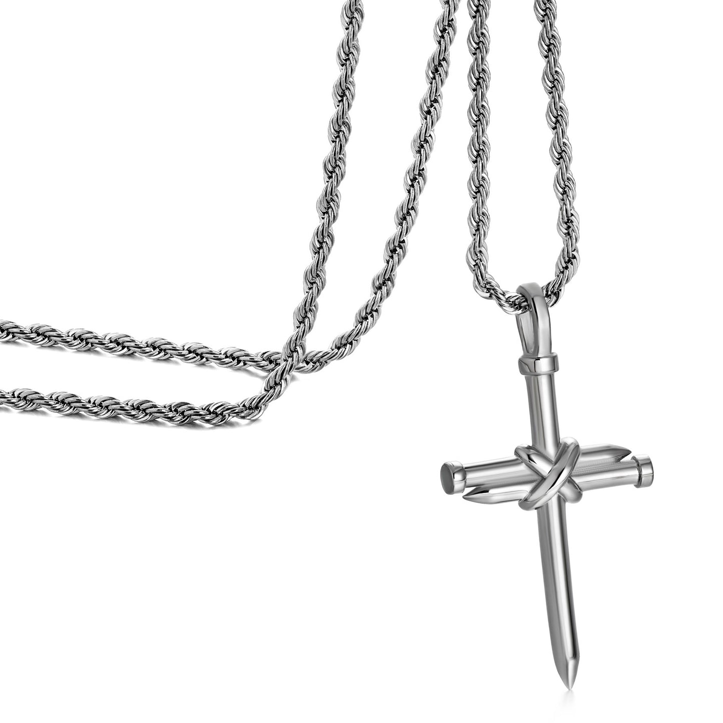 Silver Nail Cross Necklace Twisted Rope Chain N00362