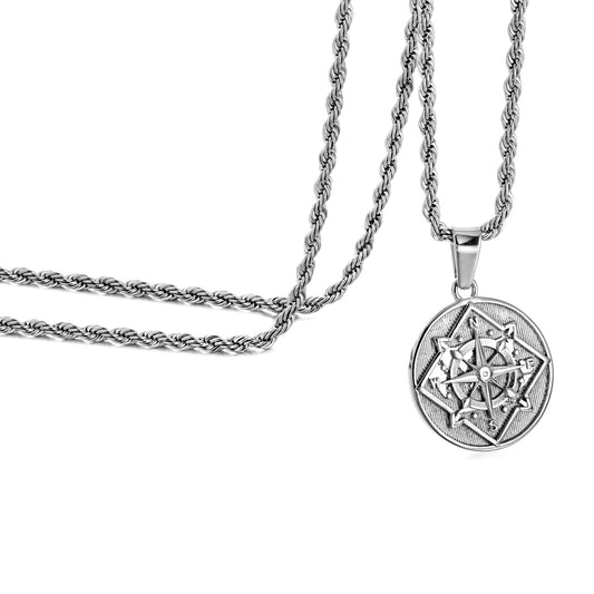 Silver Coin Compass Pendant Necklace Twisted Rope Chain N00378