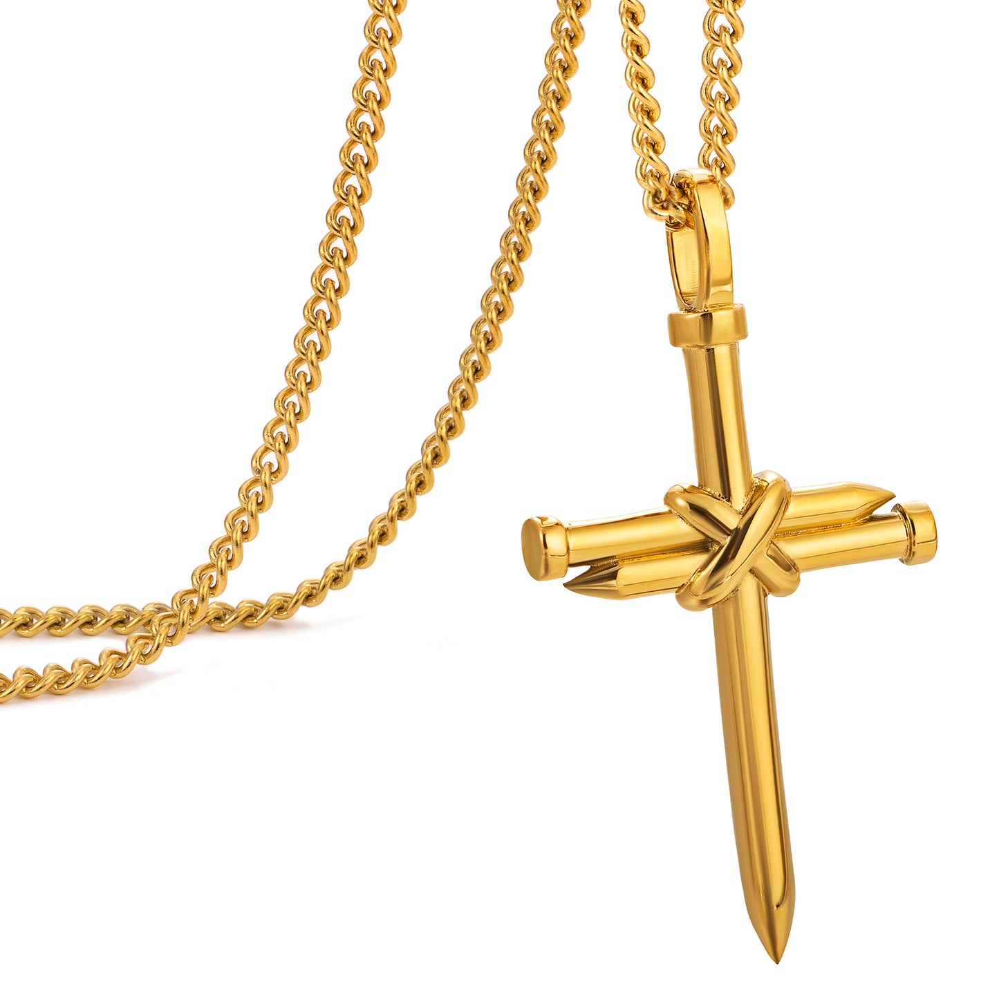 Gold Nail Cross Necklace Curb Chain N01610