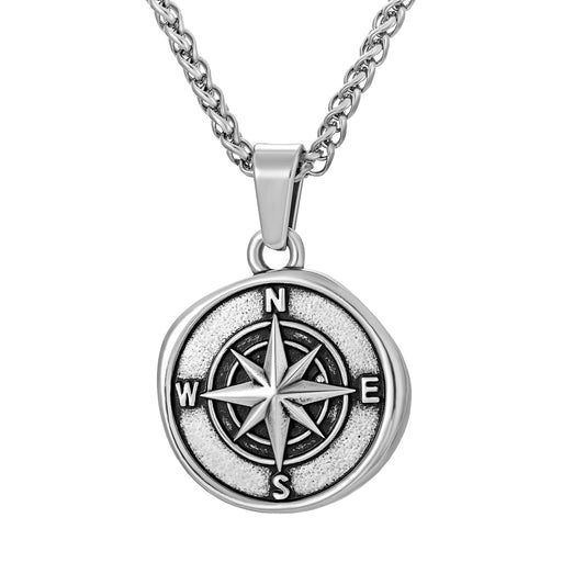 Antique Silver Compass Pendant Necklace Wheat Chain N00660