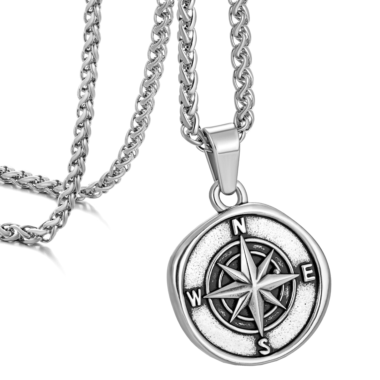 Antique Silver Compass Pendant Necklace Wheat Chain N00660