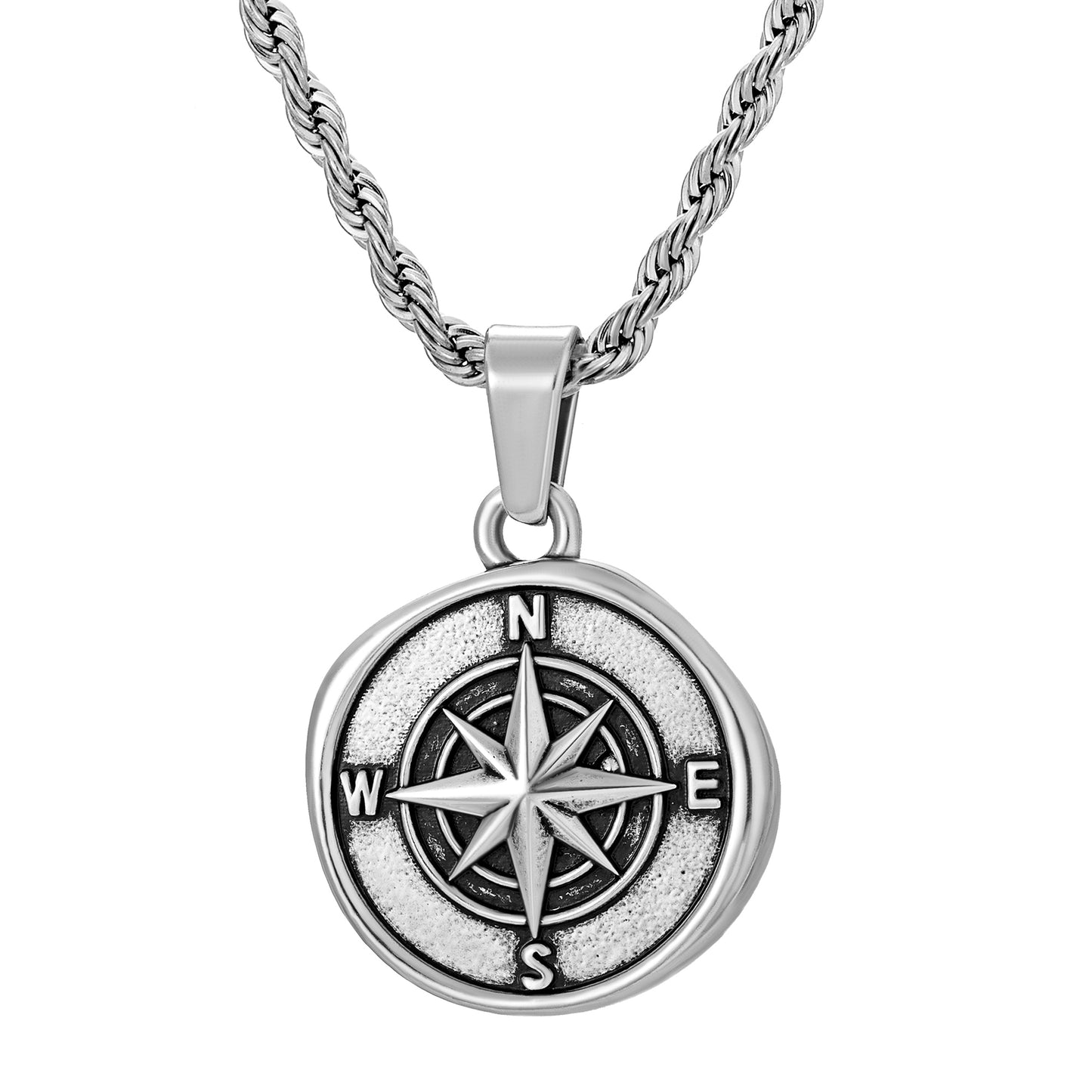 Antique Silver Compass Pendant Necklace Twisted Rope Chain N00659