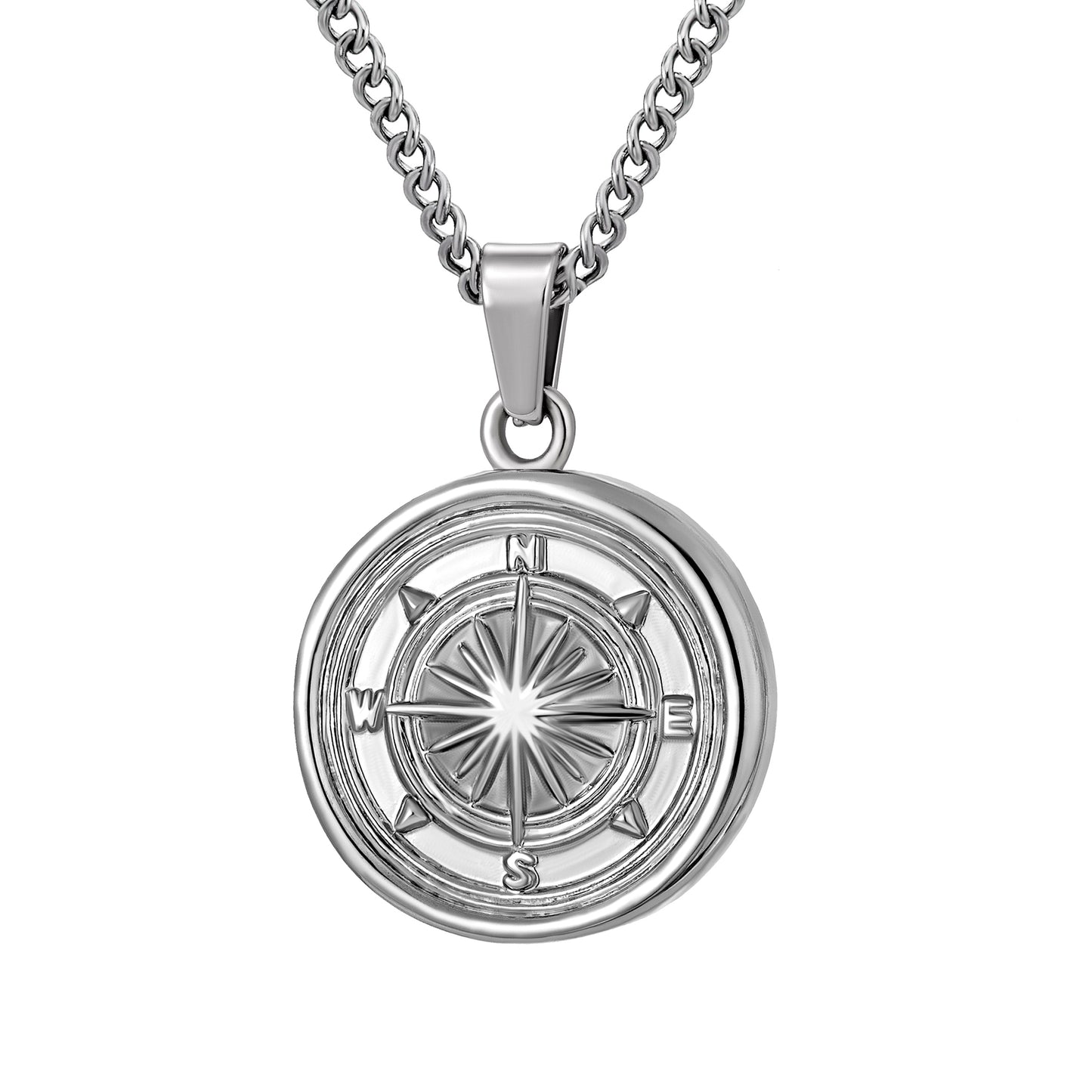 Silver Compass Pendant Necklace Curb Chain N00667