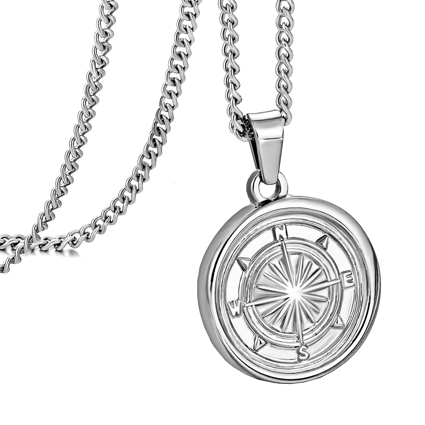 Silver Compass Pendant Necklace Curb Chain N00667