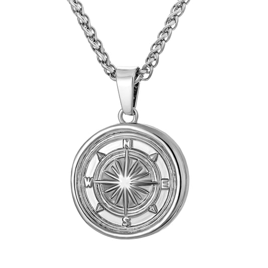 Silver Compass Pendant Necklace Wheat Chain N00671