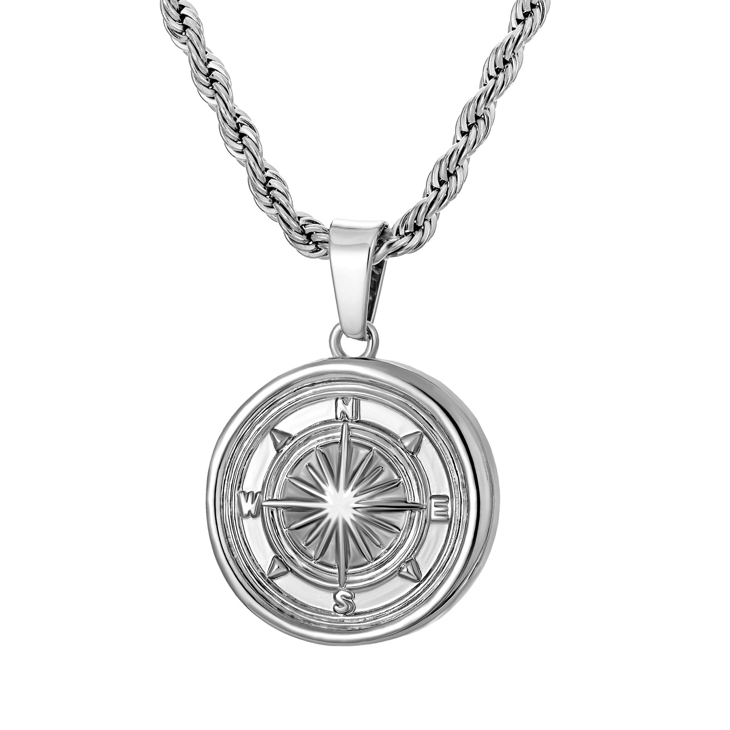 Silver Compass Pendant Necklace Twisted Rope Chain N00670