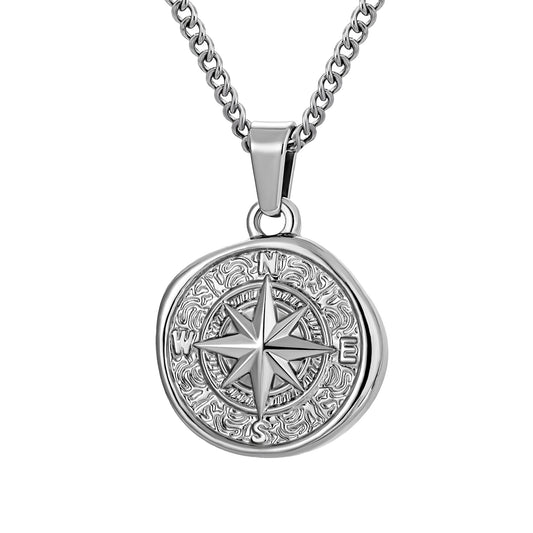 Silver Compass Pendant Necklace Curb Chain N00689