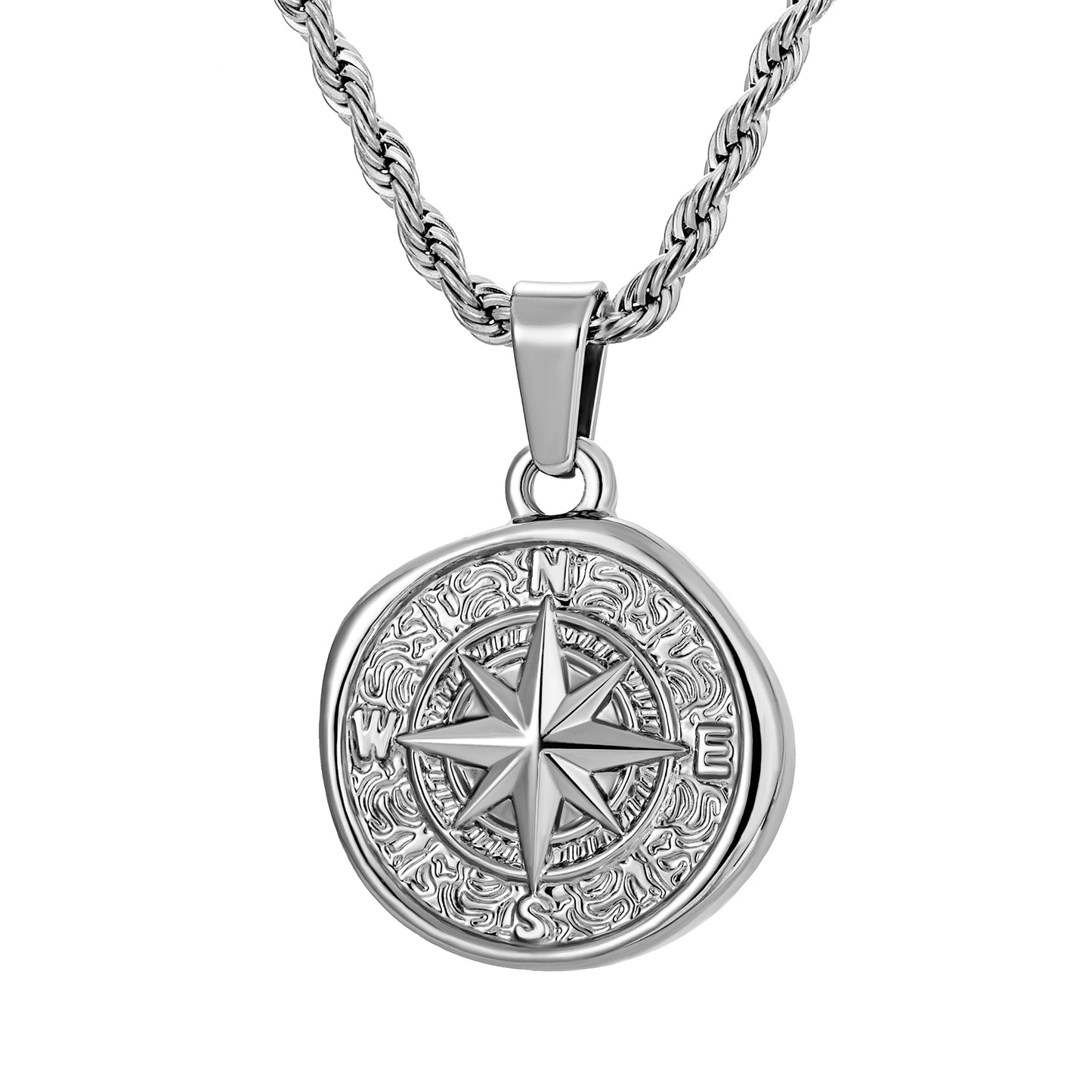 Silver Compass Pendant Necklace Wheat Chain N00693