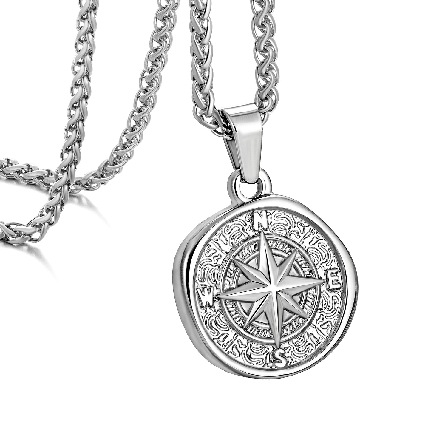 Silver Compass Pendant Necklace Wheat Chain N00693