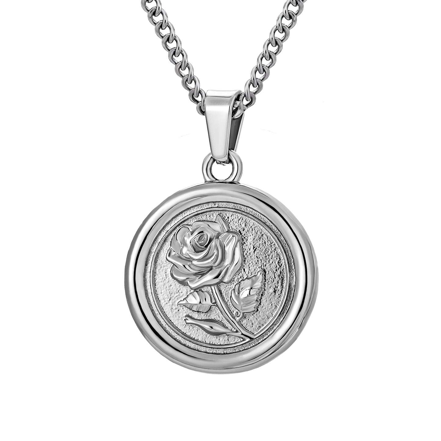 Silver Rose Pendant Necklace Curb Chain N00733