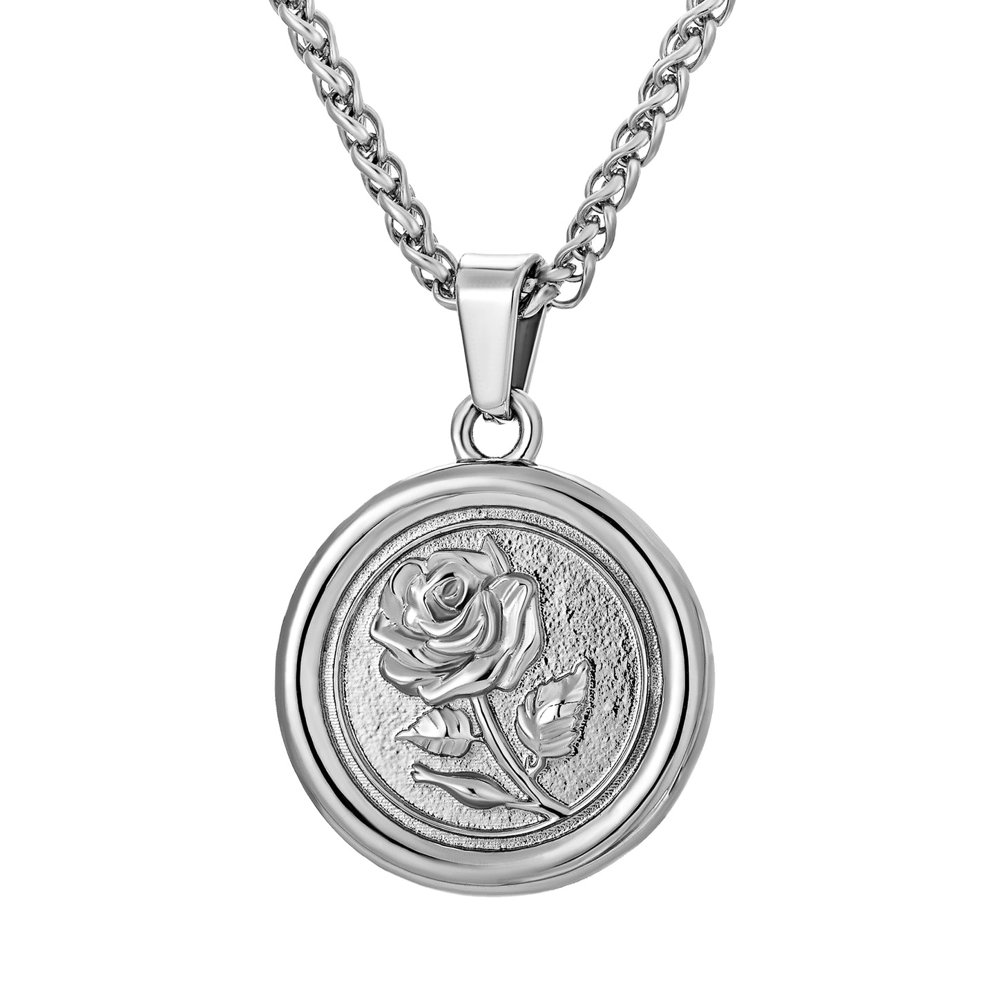 Silver Rose Pendant Necklace Wheat Chain N00737