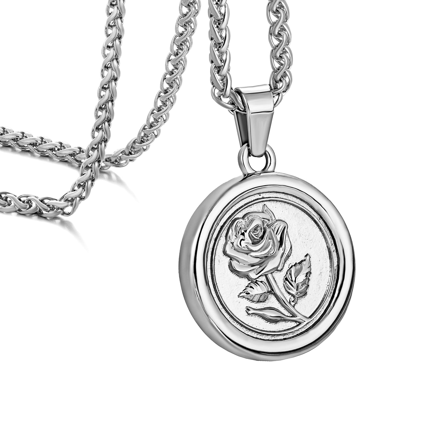 Silver Rose Pendant Necklace Wheat Chain N00737