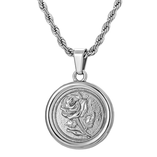 Silver Rose Pendant Necklace Twisted Rope Chain N00736