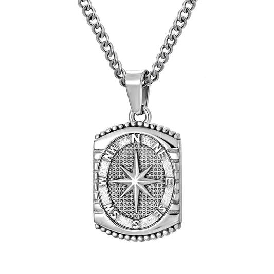 Silver Rectangle Compass Pendant Necklace Curb Chain N00623