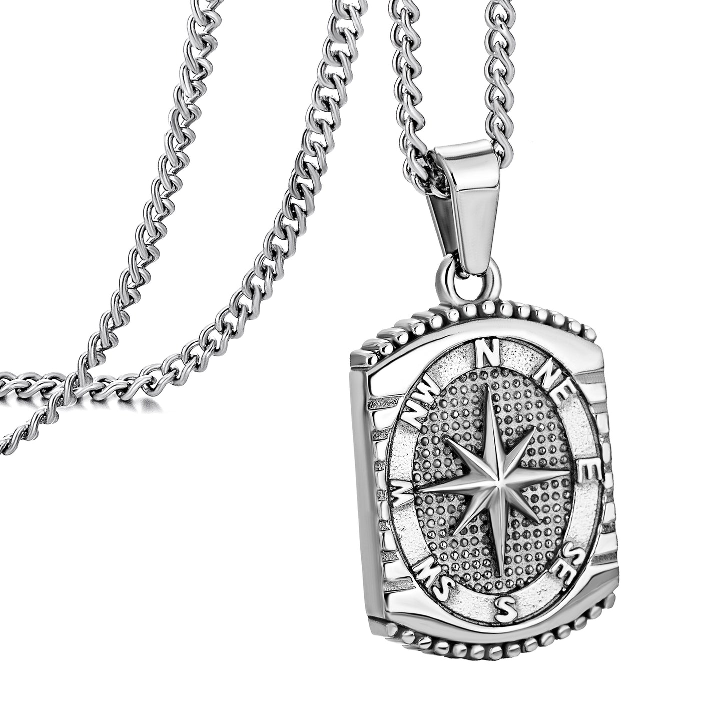 Silver Rectangle Compass Pendant Necklace Curb Chain N00623